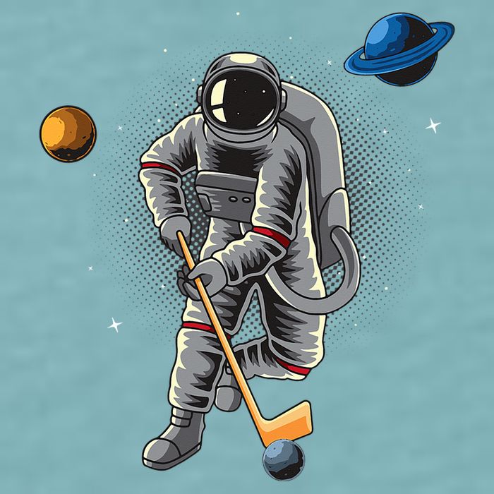 Astronaut playing Hockey in Space Planets Moon Sueded Cloud Jersey T-Shirt