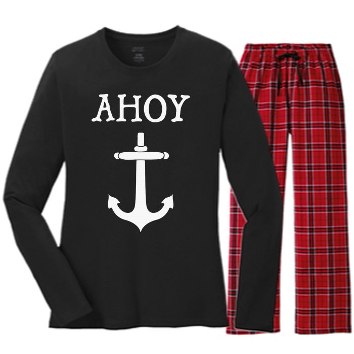 Ahoy Pirate Humor Anchor Ship Ocean Beach Sea Funny Women's Long Sleeve Flannel Pajama Set 