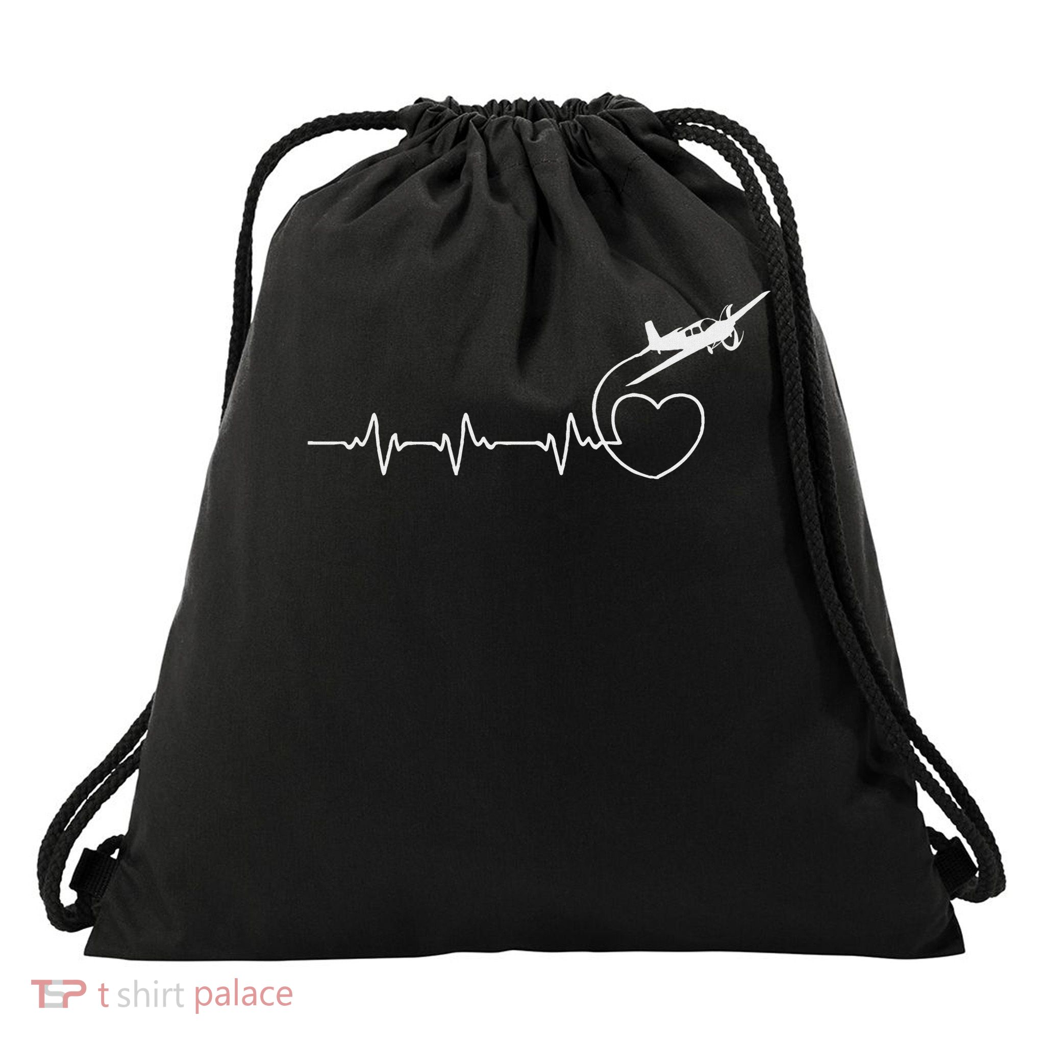 Airplane Pilot Heartbeat Line Low Wing Aircraft Drawstring Bag