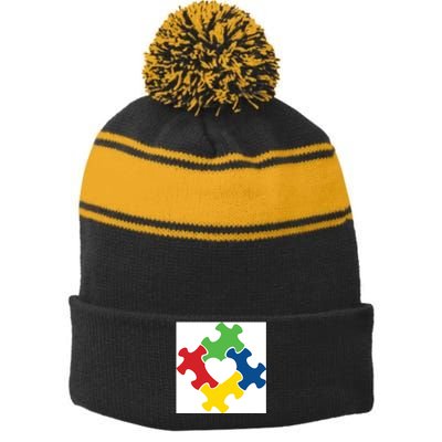 Autism Puzzle Heart Stripe Pom Pom Beanie