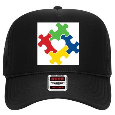 Autism Puzzle Heart High Crown Mesh Back Trucker Hat