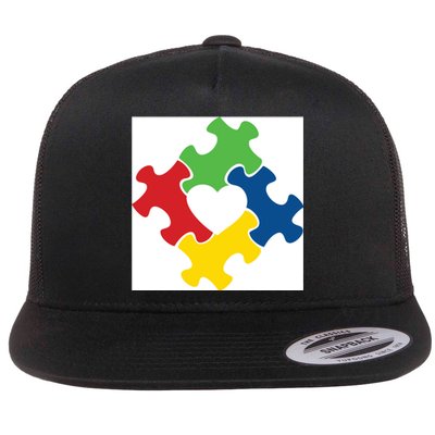 Autism Puzzle Heart Flat Bill Trucker Hat