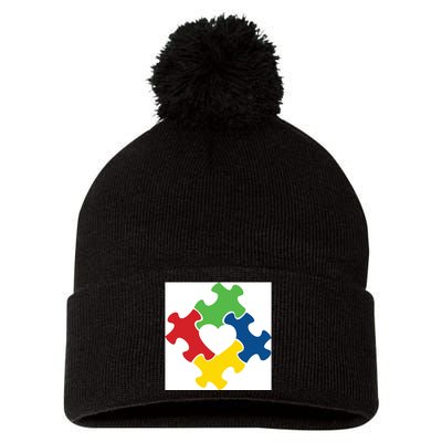 Autism Puzzle Heart Pom Pom 12in Knit Beanie