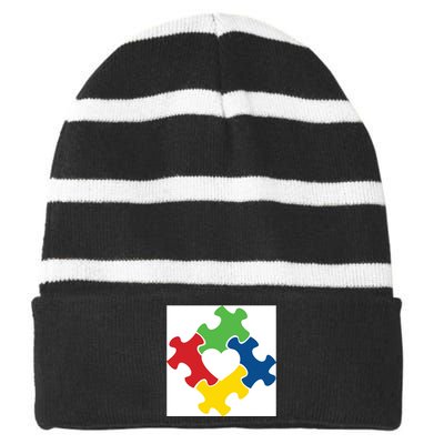 Autism Puzzle Heart Striped Beanie with Solid Band