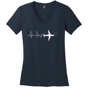 Airplane Pilot Heartbeat Clothing Student Pilot Women's V-Neck T-Shirt