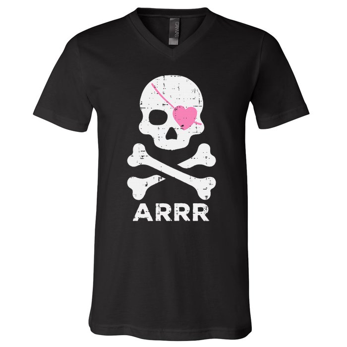 Arrr Pirate Heart Eyepatch Halloween V-Neck T-Shirt