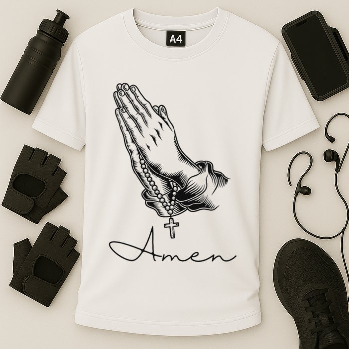 Amen Praying Hands Rosary Beads Cooling Performance Crew T-Shirt