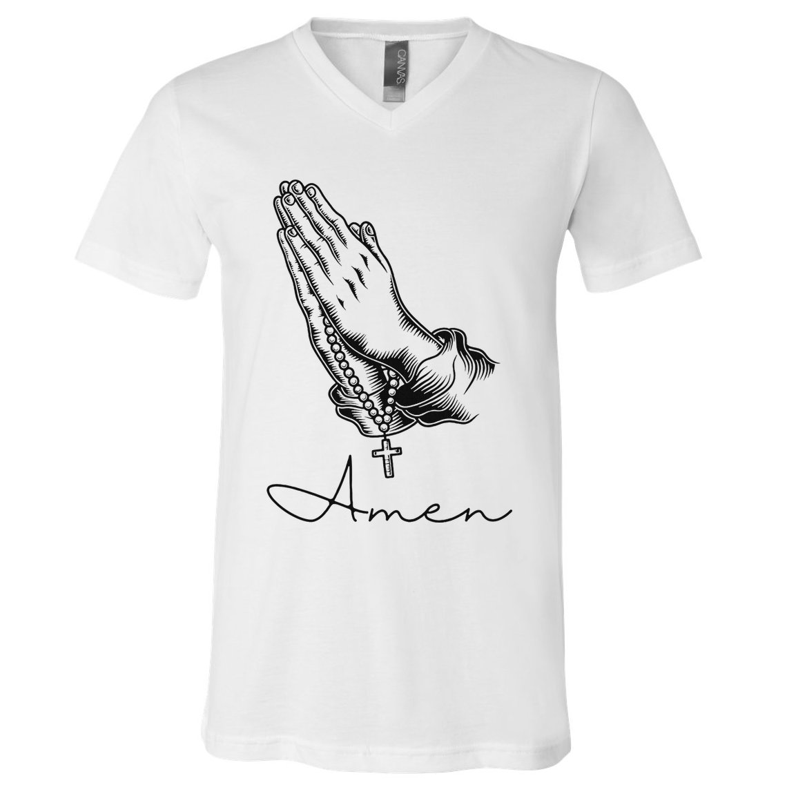 Amen Praying Hands Rosary Beads V-Neck T-Shirt