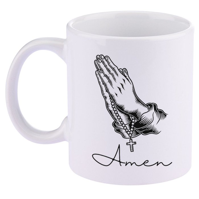 Amen Praying Hands Rosary Beads 11oz C Handle Ceramic Mug