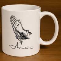 Amen Praying Hands Rosary Beads 11oz C Handle Ceramic Mug