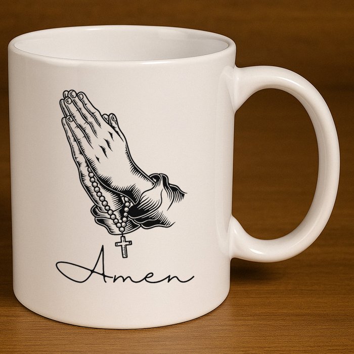 Amen Praying Hands Rosary Beads 11oz C Handle Ceramic Mug
