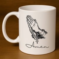 Amen Praying Hands Rosary Beads 11oz C Handle Ceramic Mug