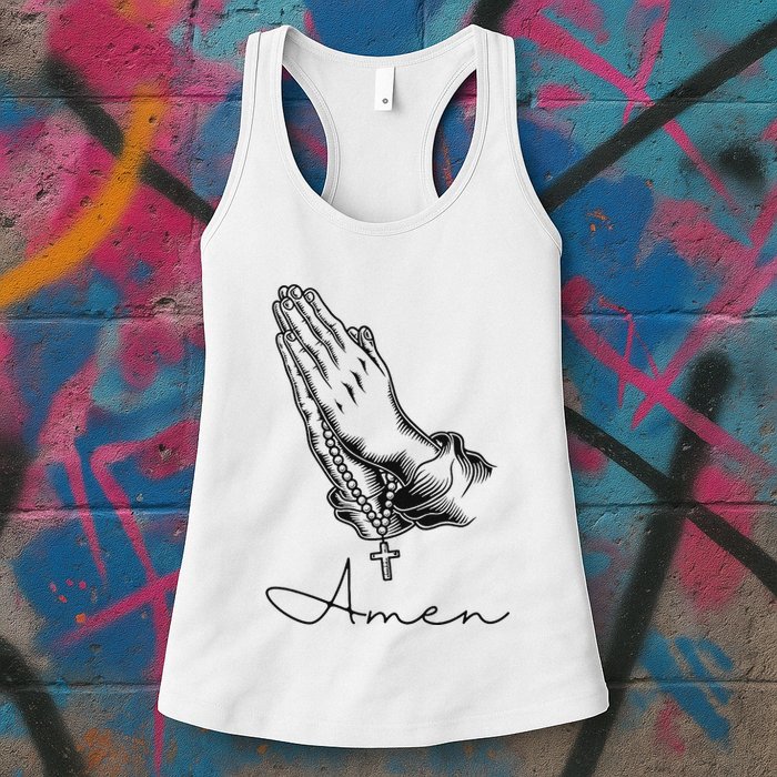 Amen Praying Hands Rosary Beads Womens Tank Top