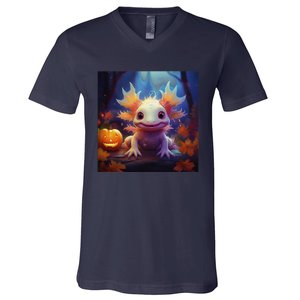 Axolotl Pumpkin – Halloween Thanksgiving Fall Harvest V-Neck T-Shirt