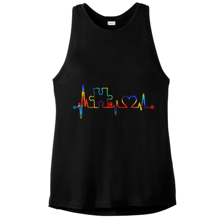 Autism Puzzle Heartbeat Heart Autism Awareness Colorful Mom Ladies PosiCharge Tri-Blend Wicking Tank