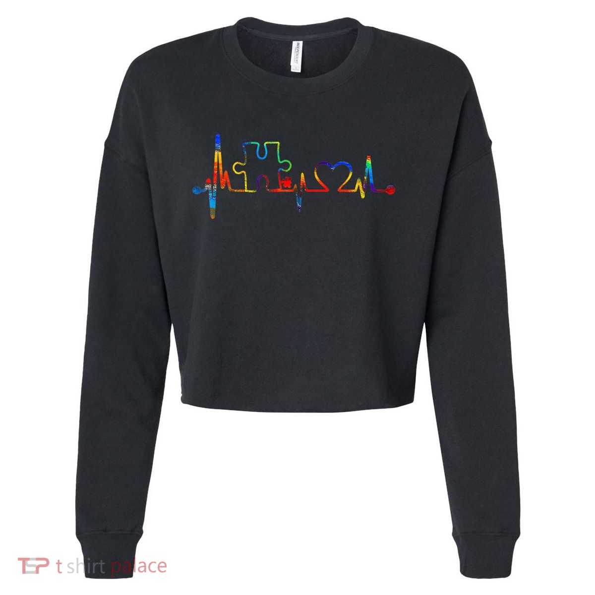 Autism Puzzle Heartbeat Heart Autism Awareness Colorful Mom Cropped Pullover Crew