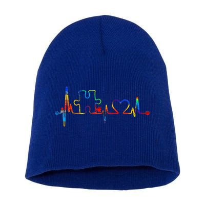 Autism Puzzle Heartbeat Heart Autism Awareness Colorful Mom Short Acrylic Beanie