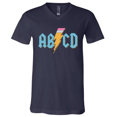 ABCD Pencil Lightning Rockn Roll Teacher Back To School V-Neck T-Shirt