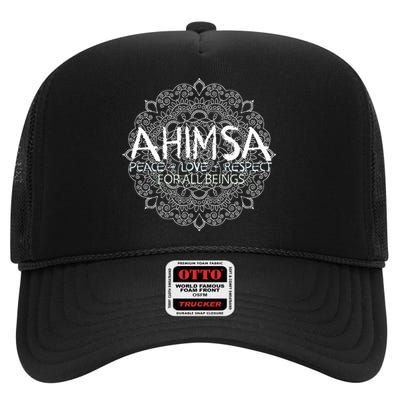 Ahimsa Peace Love Respect Vegan High Crown Mesh Back Trucker Hat