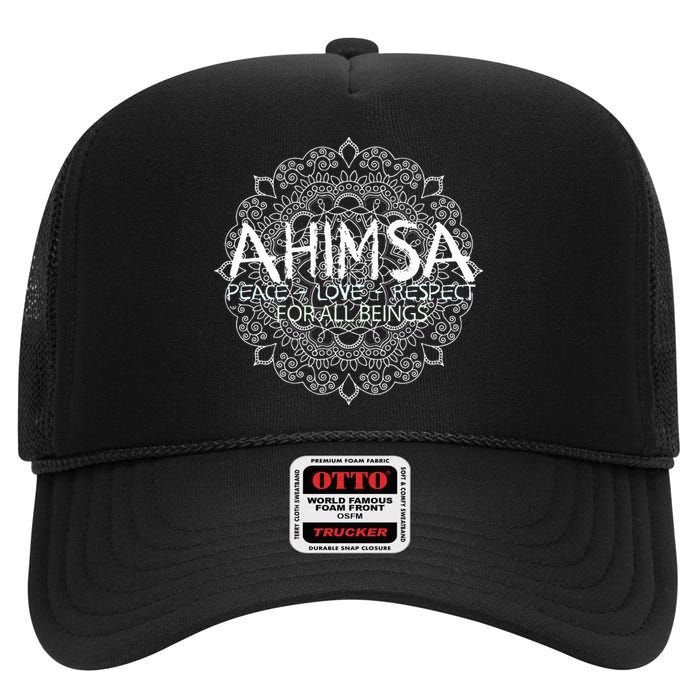 Ahimsa Peace Love Respect Vegan High Crown Mesh Back Trucker Hat