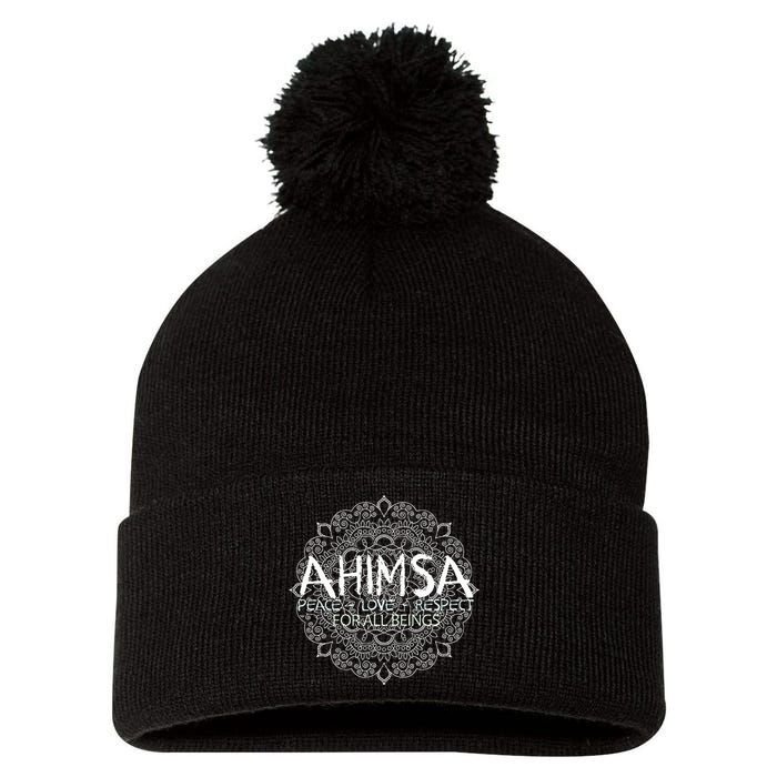 Ahimsa Peace Love Respect Vegan Pom Pom 12in Knit Beanie