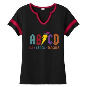 ABCD Pencil Lightning Rockn Roll Tee 1st Grade Teacher Ladies Halftime Notch Neck Tee