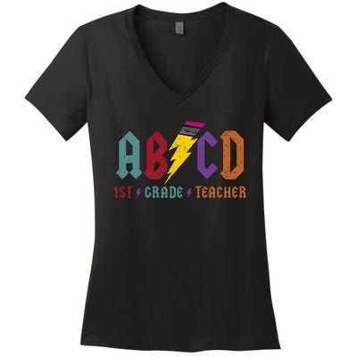 ABCD Pencil Lightning Rockn Roll Tee 1st Grade Teacher Women's V-Neck T-Shirt