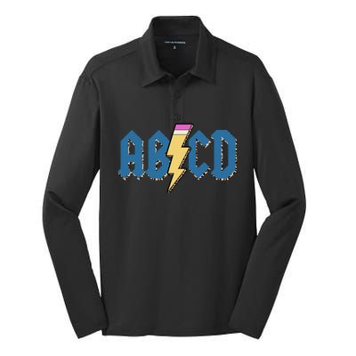 ABCD Pencil Lightning Rockn Roll Teacher Back To School Silk Touch Performance Long Sleeve Polo