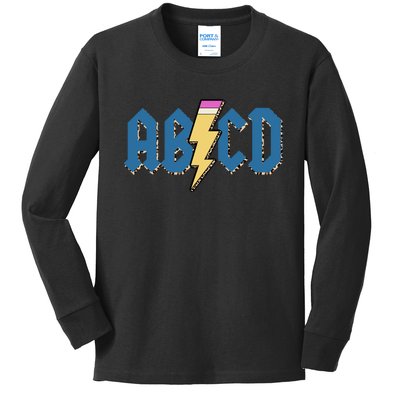 ABCD Pencil Lightning Rockn Roll Teacher Back To School Kids Long Sleeve Shirt