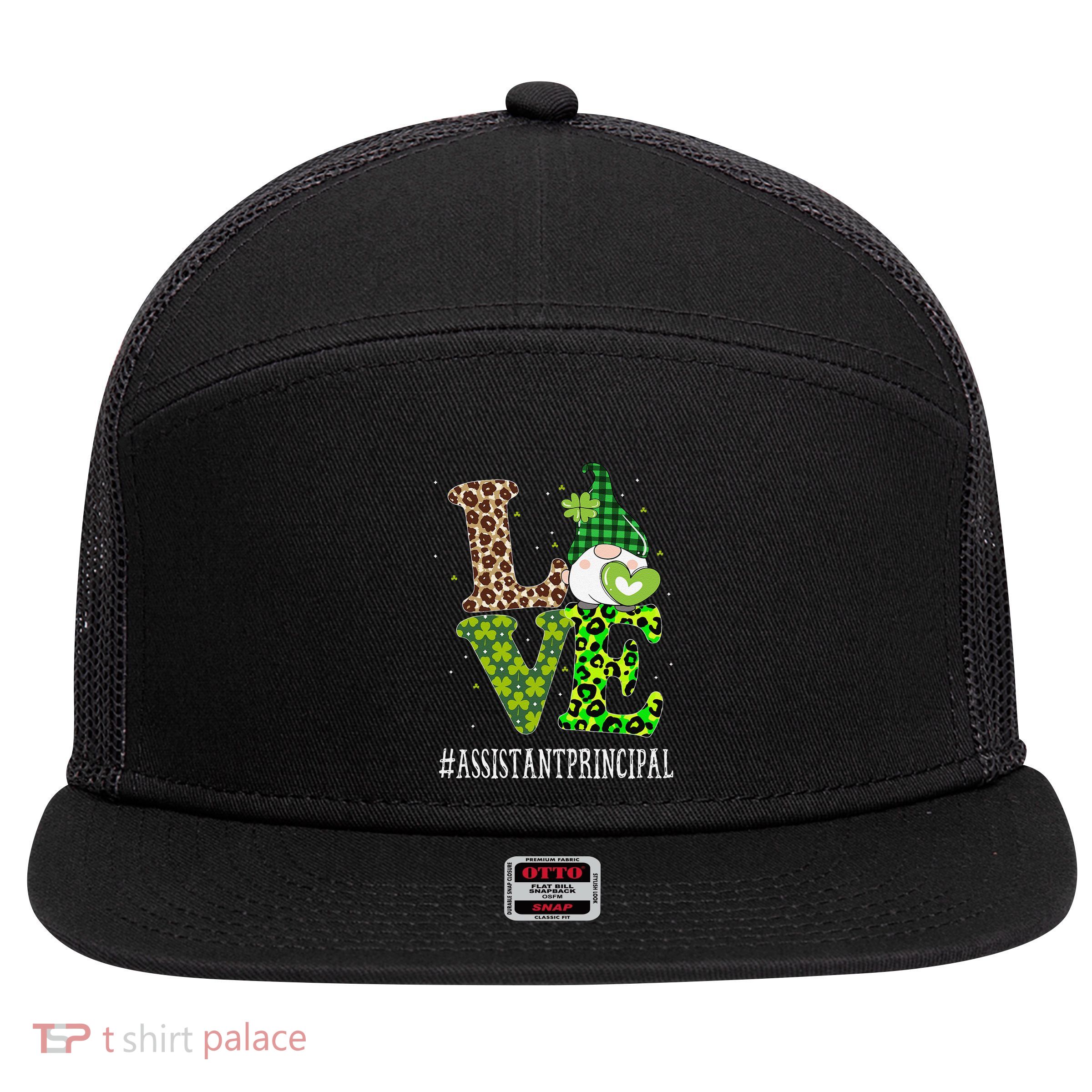 Assistant Principal Love St Patricks Day Gnome Leopard 7 Panel Mesh Trucker Snapback Hat