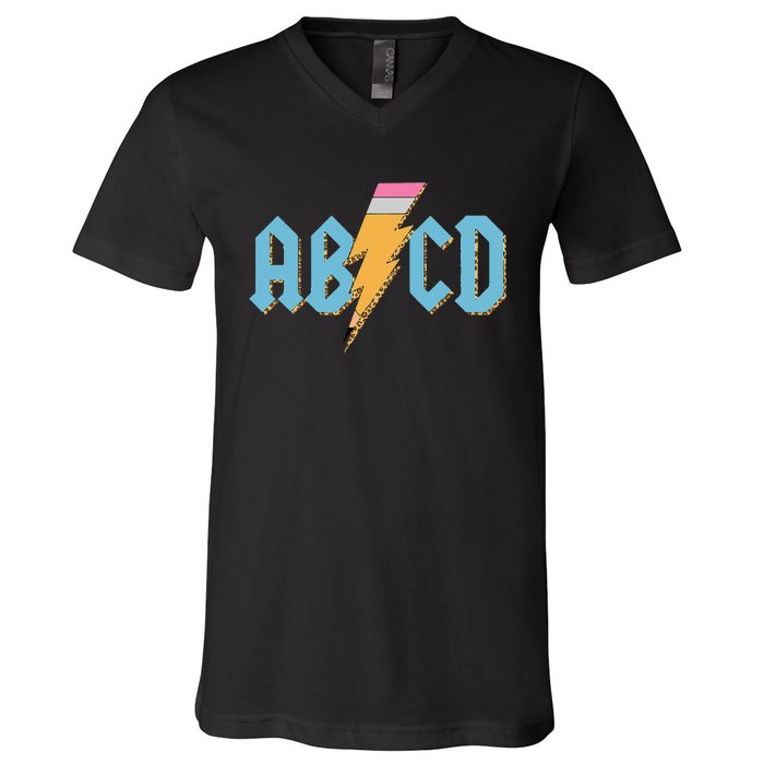 ABCD Pencil Lightning Rockn Roll Teacher Back To School V-Neck T-Shirt