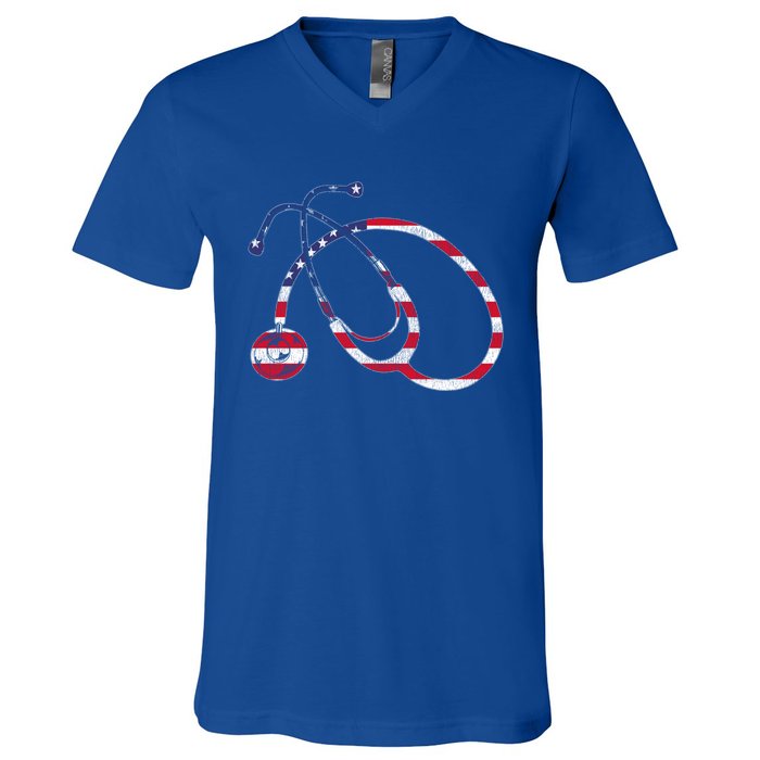 American Pride Medical Nurse Gift Us Flag Stethoscope Nurse Cool Gift V-Neck T-Shirt