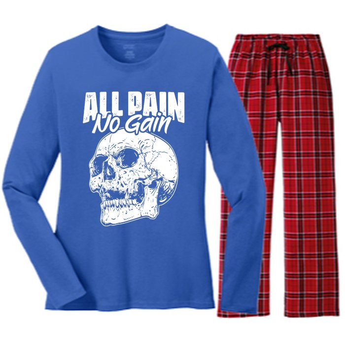 All Pain No Gains Skull Fitness Gym Slogans For Bodybuilders Great Gift Women's Long Sleeve Flannel Pajama Set 