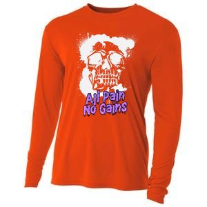 All Pain No Gains Weightlifting Powerlifting Skull Gift Cooling Performance Long Sleeve Crew