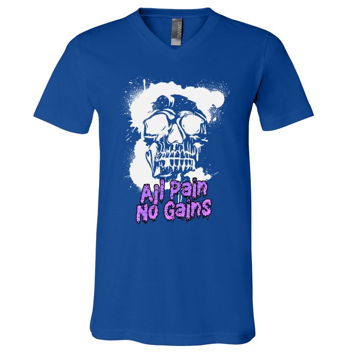 All Pain No Gains Weightlifting Powerlifting Skull Gift V-Neck T-Shirt