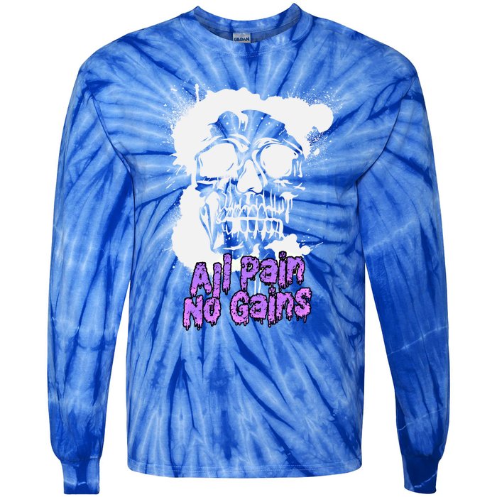 All Pain No Gains Weightlifting Powerlifting Skull Gift Tie-Dye Long Sleeve Shirt