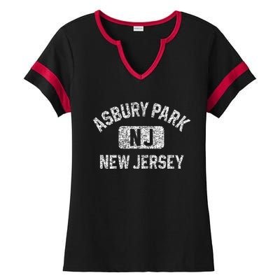 Asbury Park NJ New Jersey Gym Style Distressed White Print Ladies Halftime Notch Neck Tee