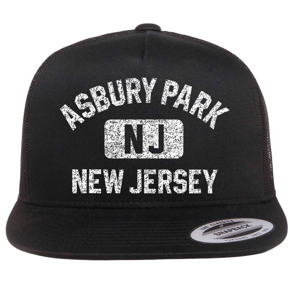 Asbury Park NJ New Jersey Gym Style Distressed White Print Flat Bill Trucker Hat