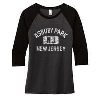 Asbury Park NJ New Jersey Gym Style Distressed White Print Women's Tri-Blend 3/4-Sleeve Raglan Shirt