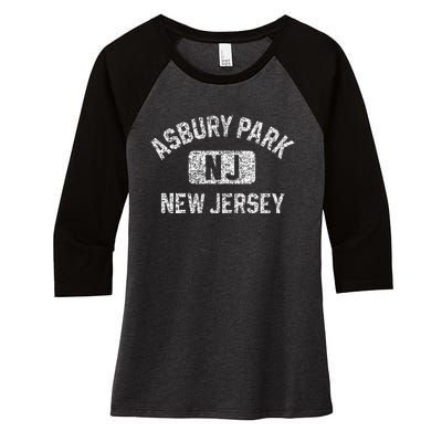 Asbury Park NJ New Jersey Gym Style Distressed White Print Women's Tri-Blend 3/4-Sleeve Raglan Shirt