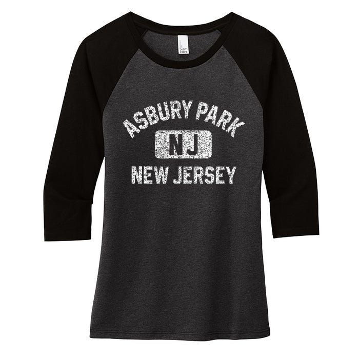 Asbury Park NJ New Jersey Gym Style Distressed White Print Women's Tri-Blend 3/4-Sleeve Raglan Shirt