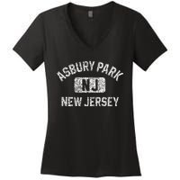 Asbury Park NJ New Jersey Gym Style Distressed White Print Women's V-Neck T-Shirt