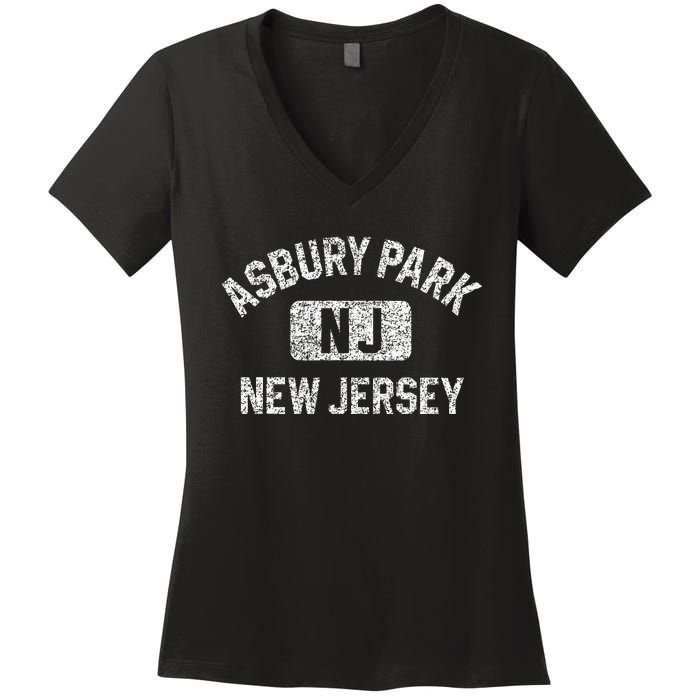 Asbury Park NJ New Jersey Gym Style Distressed White Print Women's V-Neck T-Shirt