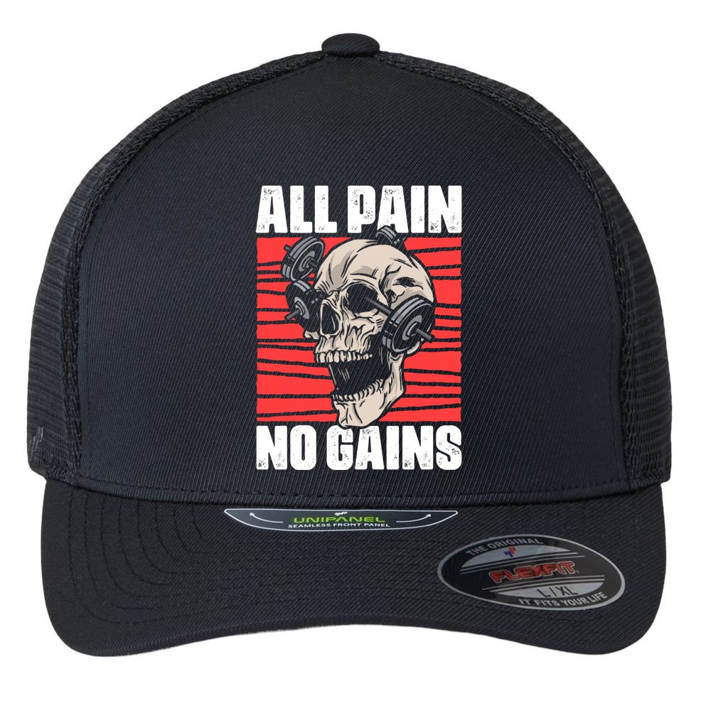 All Pain No Gains Fitness Gym Slogans For Bodybuilders Gift Flexfit Unipanel Trucker Cap