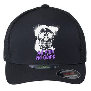 All Pain No Gains Weightlifting Powerlifting Skull Gift Flexfit Unipanel Trucker Cap