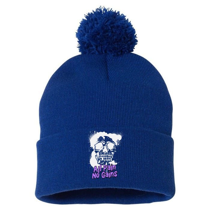 All Pain No Gains Weightlifting Powerlifting Skull Gift Pom Pom 12in Knit Beanie