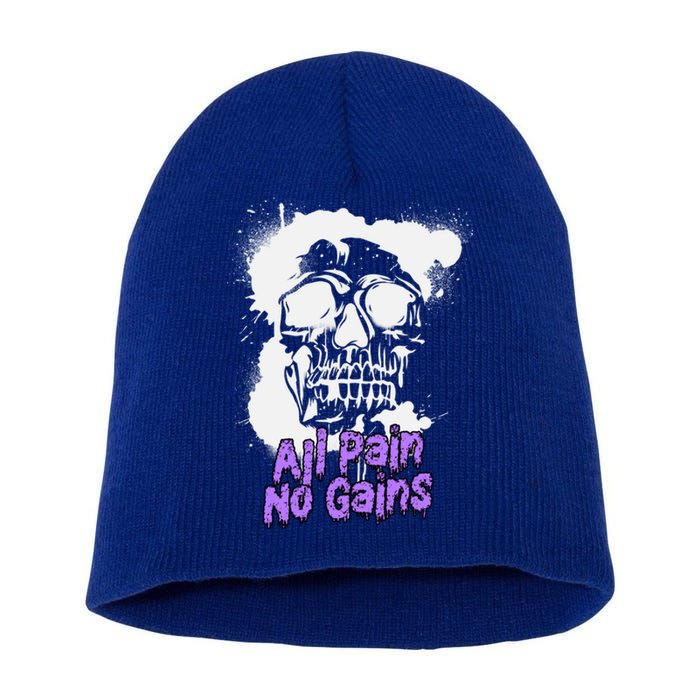 All Pain No Gains Weightlifting Powerlifting Skull Gift Short Acrylic Beanie