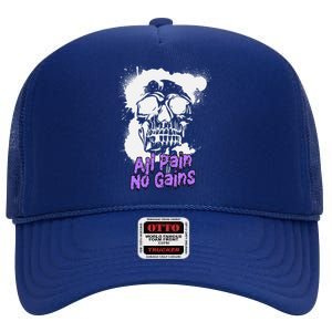 All Pain No Gains Weightlifting Powerlifting Skull Gift High Crown Mesh Back Trucker Hat