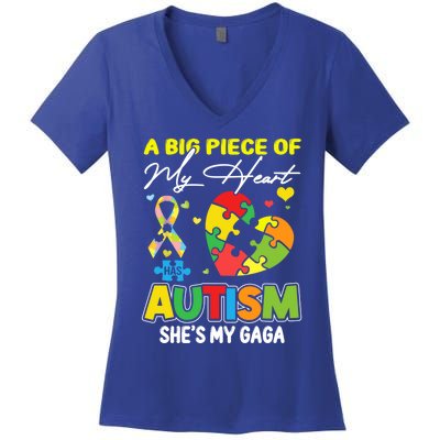 A Piece Of My Heart Has Autism My Gaga Funny Gift Women's V-Neck T-Shirt