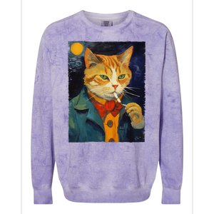 A Painting Of A Cat Smoking Cigarette Cat Art Funny Colorblast Crewneck Sweatshirt